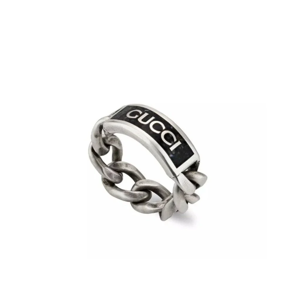 Gucci Logo Sterling Silver & Enamel Plaque Chain Ring Unisex Size IT25 US 11 NEW